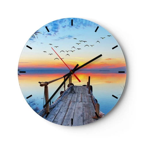 Ceas de perete - Ceas pe sticlă - Un dig pe lac în razele soarelui care apune - 30x30cm - E timpul să ne întoarcem... - Decorațiune modernă pentru perete pentru living, bucătărie și dormitor ARTTOR