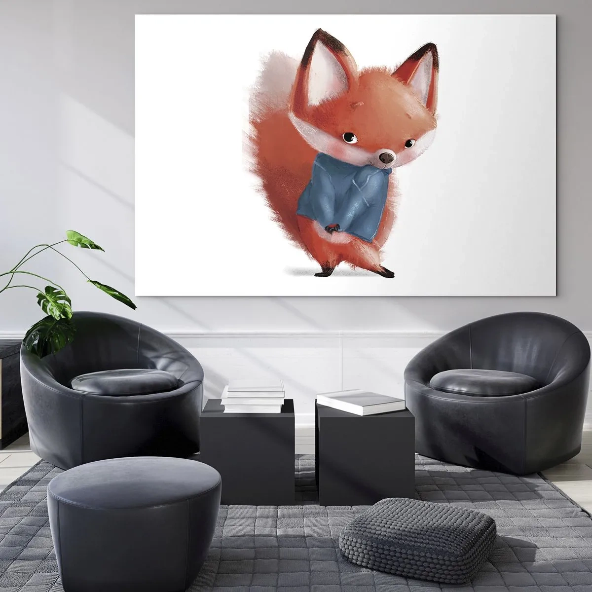 Tablou pe sticlă - O vulpe drăguță într-un pulover albastru pe fundal alb - 70x50cm - Îmi vine bine? - Decorațiune modernă pentru perete pentru living și dormitor ARTTOR
