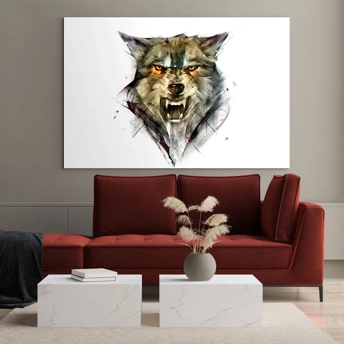 Tablou pe sticlă - O imagine a unui lup amenințător cu gura deschisă și o privire intensă - 70x50cm - Nici un pas! - Decorațiune modernă pentru perete pentru living și dormitor ARTTOR