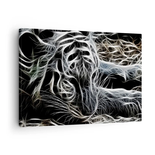 Tablou pe pânză Canvas - Un model abstract care înfățișează silueta unei pisici pe un fundal negru. - 70x50cm - Un studiu al lejerității felinelor - Decorațiune modernă pentru perete pentru living și dormitor ARTTOR