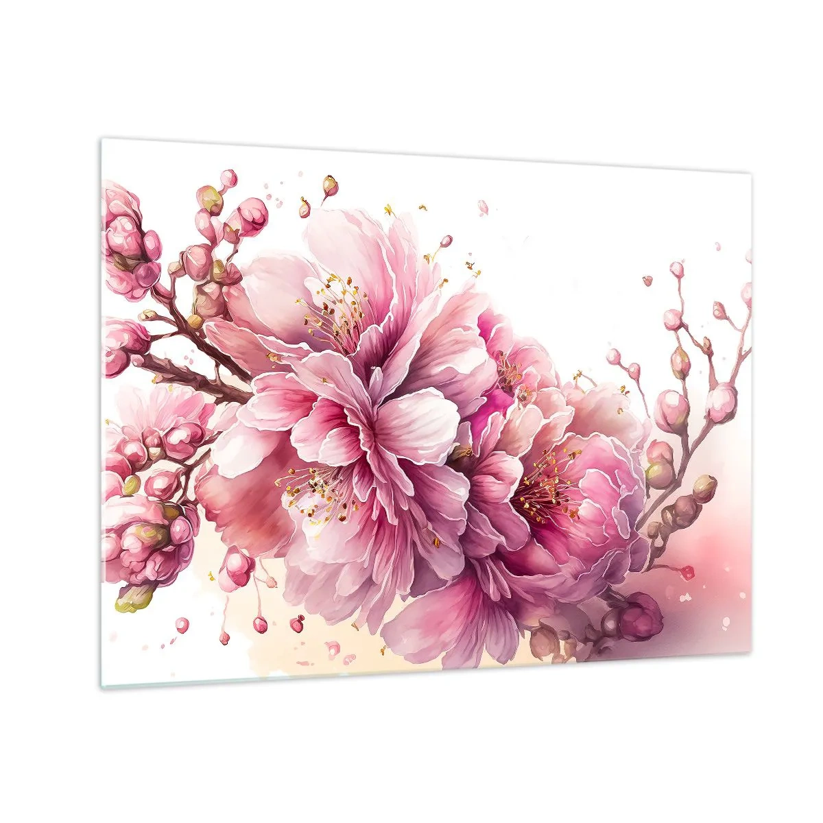 Tablou pe sticlă - Flori de cireș roz în plină floare pe un fundal luminos - 70x50cm - Flori de cireș - Decorațiune modernă pentru perete pentru living și dormitor ARTTOR