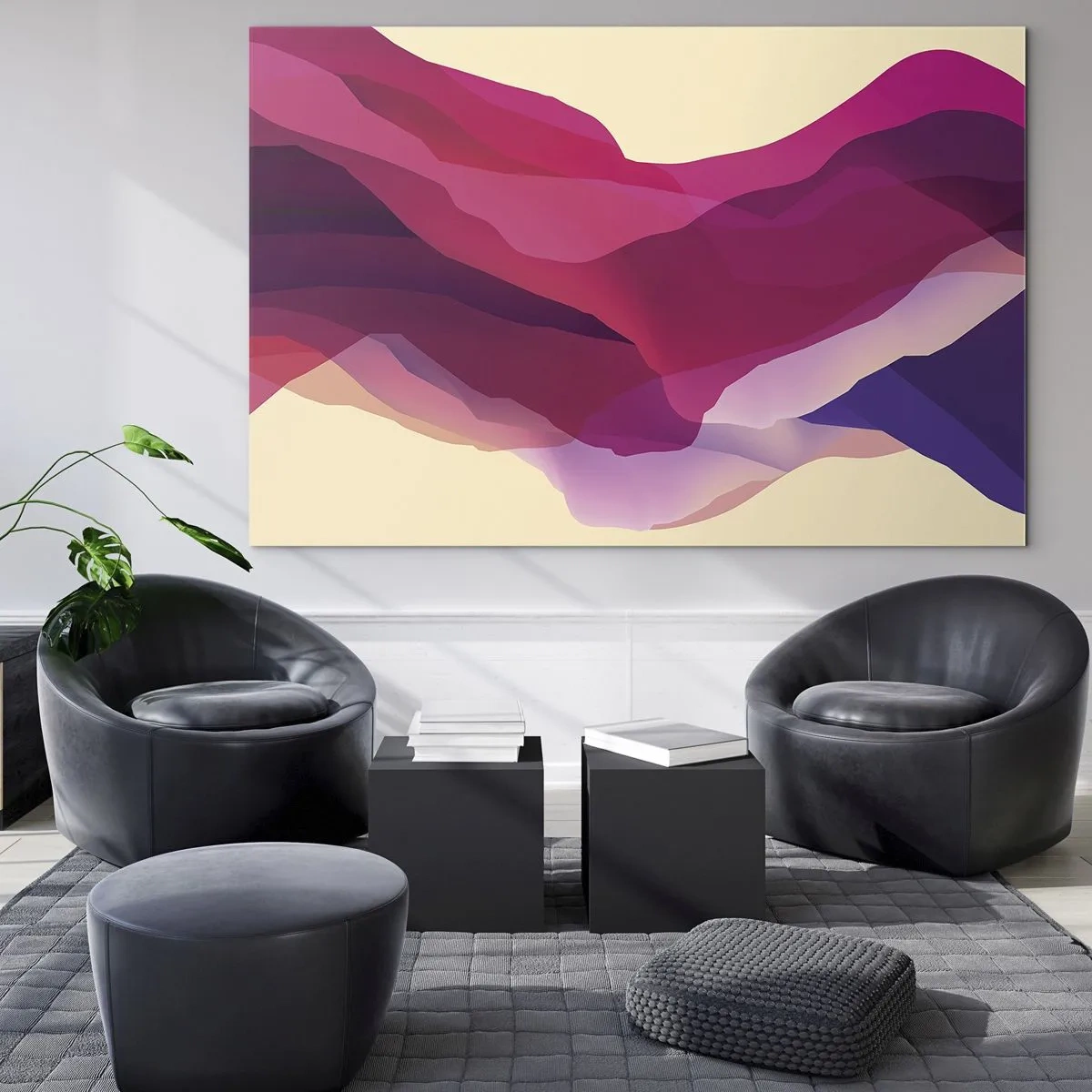 Tablou pe sticlă - Valuri abstracte în nuanțe de violet și roz pe un fundal deschis - 70x50cm - Valuri de violet - Decorațiune modernă pentru perete pentru living și dormitor ARTTOR