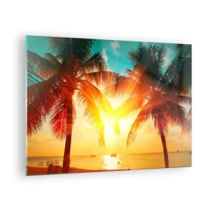 Tablou pe sticlă - Palmieri însoriți peste o plajă tropicală - 70x50cm - Cuplu exotic - Decorațiune modernă pentru perete pentru living și dormitor ARTTOR