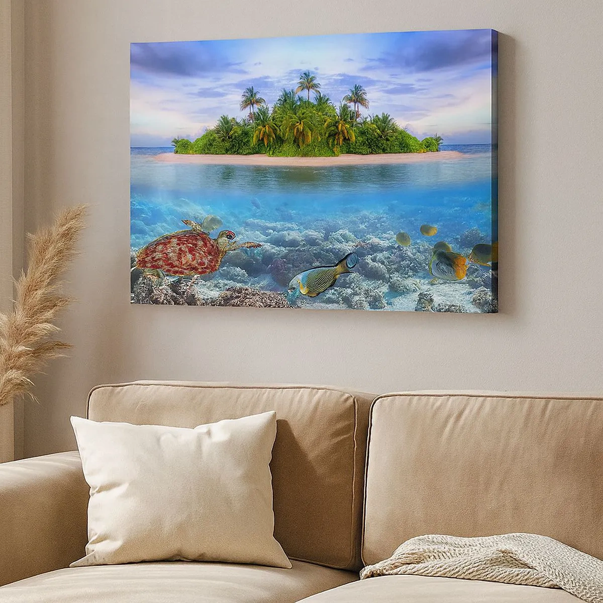Tablou pe pânză Canvas - insulă tropicală înconjurată de un ocean turcoaz, cu un recif de corali și pești. - 70x50cm - Insula paradisiacă vă invită - Decorațiune modernă pentru perete pentru living și dormitor ARTTOR