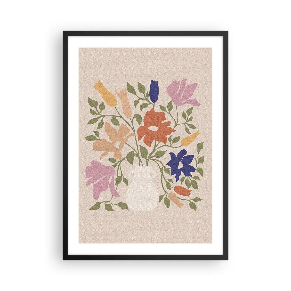 Poster în ramă neagră - Un buchet colorat de flori într-o vază deschisă la culoare pe un fundal bej - 50x70cm - Buchet delicat - Decorațiune modernă pentru perete pentru living și dormitor ARTTOR