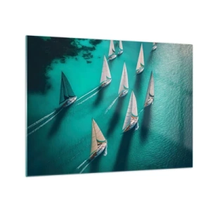 Tablou pe sticlă - Bărci cu pânze pe ape turcoaz surprinse din vedere - 70x50cm - Cursa cu vântul - Decorațiune modernă pentru perete pentru living și dormitor ARTTOR