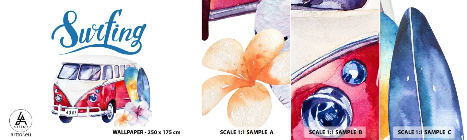 Mostră tapet autocolant Deluxe Sticker - Un clasic pentru surferi - Autobuz de epocă, Călătorii, Placă de surf - 100x30 cm