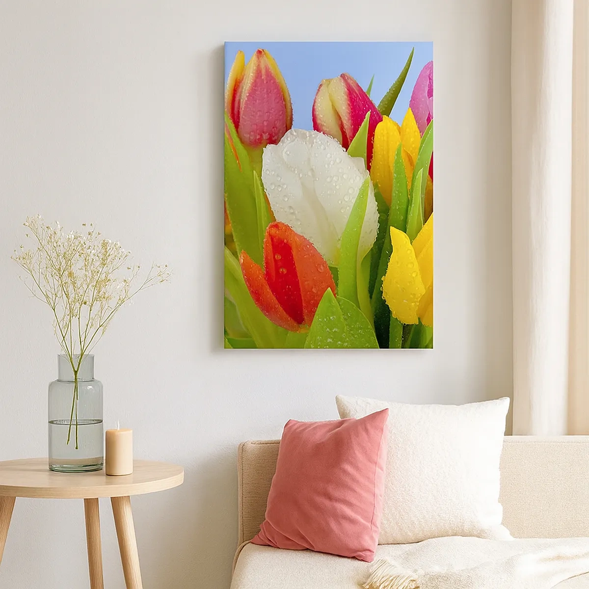 Tablou pe pânză - Un curcubeu floral în picături de rouă - 50x70 cm
