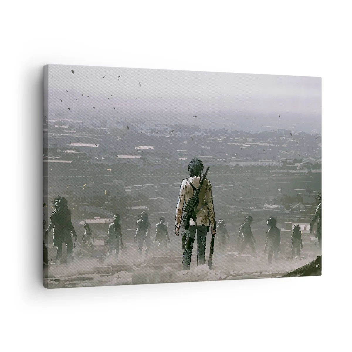 Tablou pe pânză Canvas - O figură cu o armă stă în fața unui grup într-un peisaj distopic. - 70x50cm - Ultimul om în picioare? - Decorațiune modernă pentru perete pentru living și dormitor ARTTOR