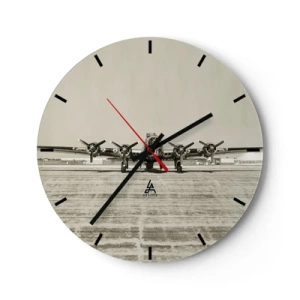 Ceas de perete - Ceas pe sticlă - Avion vintage pe un aeroport retro - 30x30cm - Pregătit, ca întotdeauna - Decorațiune modernă pentru perete pentru living, bucătărie și dormitor ARTTOR
