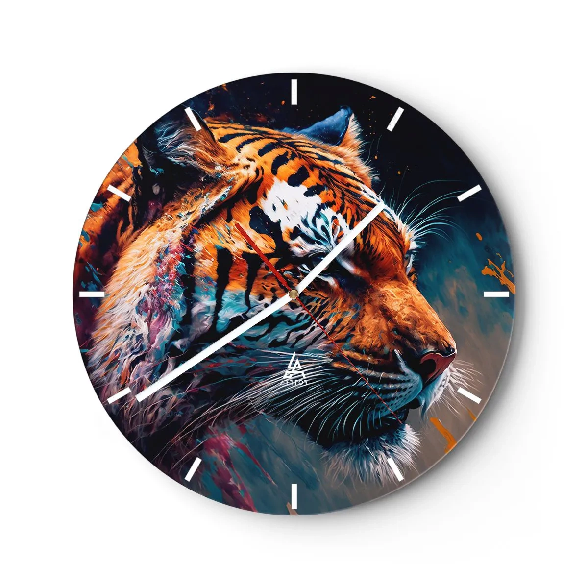 Ceas de perete - Ceas pe sticlă - Portretul unui tigru în culori intense cu accente picturale - 30x30cm - Frumusețe sălbatică - Decorațiune modernă pentru perete pentru living, bucătărie și dormitor ARTTOR