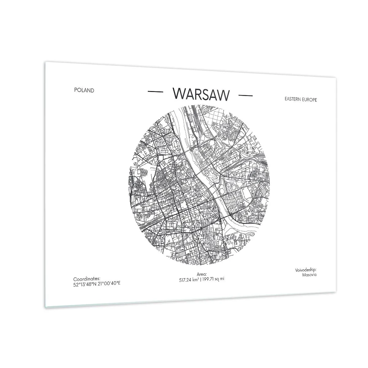 Tablou pe sticlă - Harta Varșoviei sub formă de ilustrație grafică - 70x50cm - Anatomia Varșoviei - Decorațiune modernă pentru perete pentru living și dormitor ARTTOR