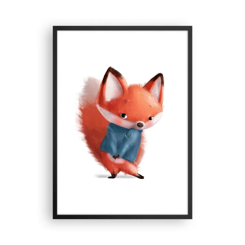 Poster în ramă neagră - O vulpe roșie fermecătoare într-un pulover albastru - 50x70cm - Îmi vine bine? - Decorațiune modernă pentru perete pentru living și dormitor ARTTOR