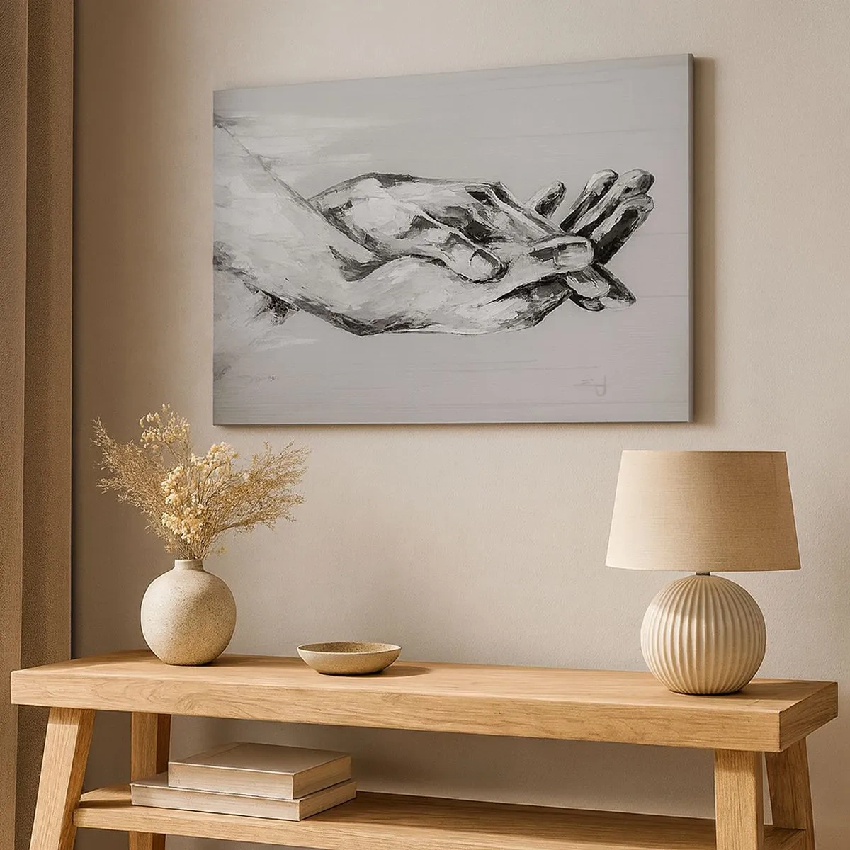 Tablou pe pânză Canvas - O compoziție alb-negru a două mâini împreunate pe un fundal deschis. - 70x50cm - Începutul... - Decorațiune modernă pentru perete pentru living și dormitor ARTTOR