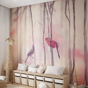 Tapet Standard Eco - O poveste din Pădurea Roz - Pasăre, Natură, pădure - 300x210 cm