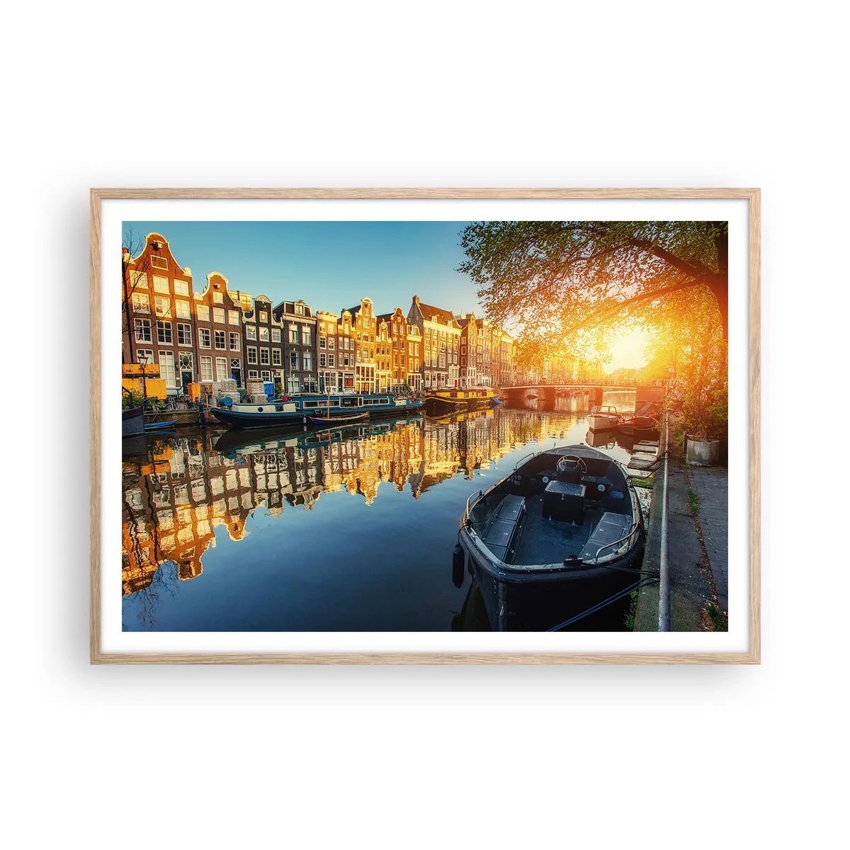Poster în ramă de stejar deschis - Dimineața în Amsterdam - 100x70 cm
