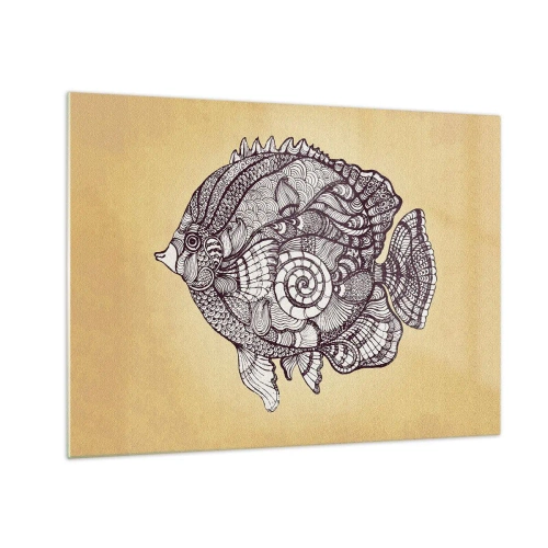 Tablou pe sticlă - Un pește de desene animate cu ornamente pe un fundal bej - 70x50cm - Dintr-un ocean de ornamente - Decorațiune modernă pentru perete pentru living și dormitor ARTTOR