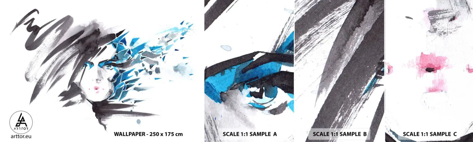 Mostră de Tapet Standard Eco - Portret senzual în gri și albastru - Femeie, Chipul de femeie, Abstracția - 100x30 cm