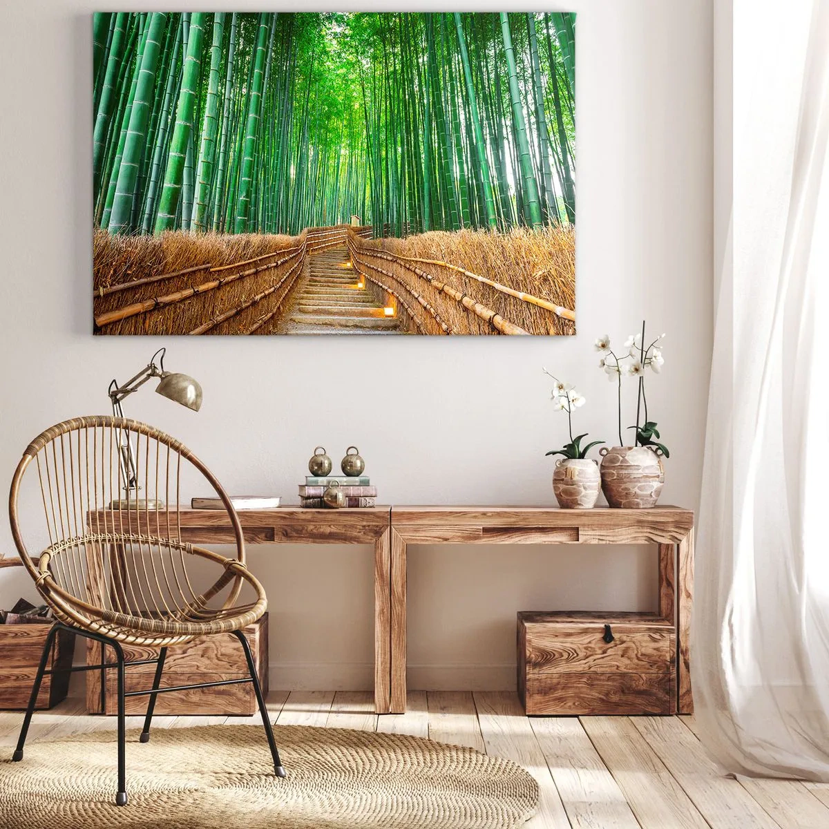 Tablou pe pânză Canvas - cale într-o pădure densă de bambus - 70x50cm - Esența naturii asiatice - Decorațiune modernă pentru perete pentru living și dormitor ARTTOR