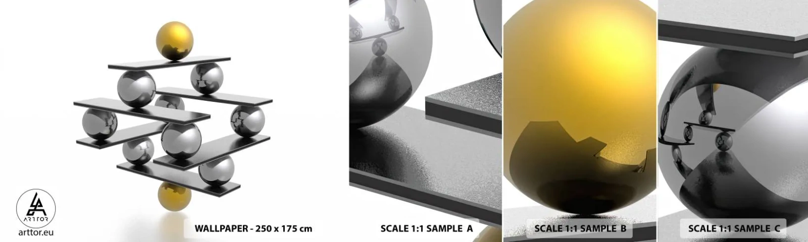 Mostră de Tapet Standard Eco - Balanța aur-argint - Abstracția, Bile metalice, 3D - 100x30 cm