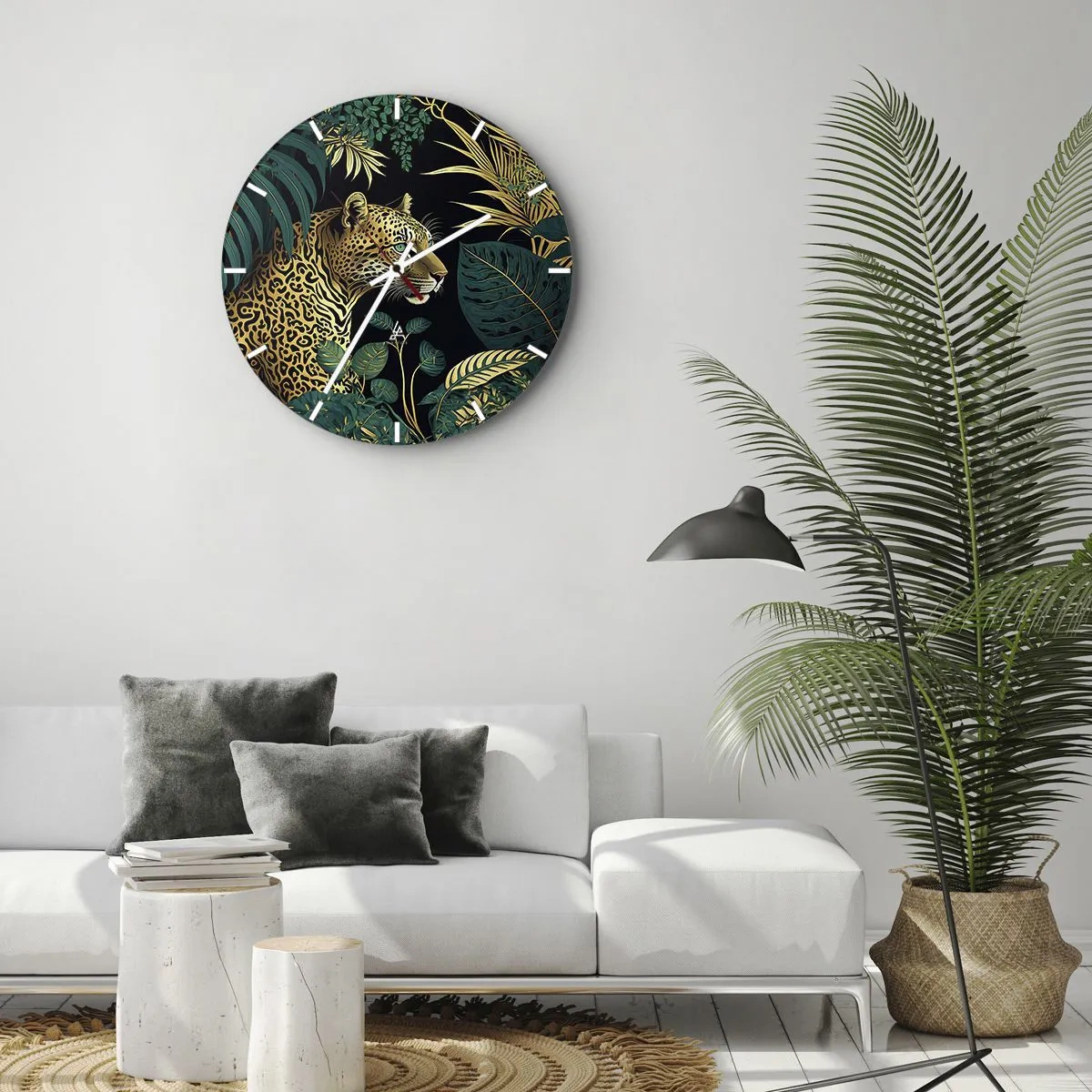 Ceas de perete - Ceas pe sticlă - Leopard printre frunze tropicale pe fundal negru - 30x30cm - Domnitorul junglei - Decorațiune modernă pentru perete pentru living, bucătărie și dormitor ARTTOR