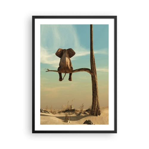 Poster în ramă neagră - Un elefant așezat pe o creangă, cu un peisaj deșertic în fundal. - 50x70cm - Un nou punct de vedere - Decorațiune modernă pentru perete pentru living și dormitor ARTTOR