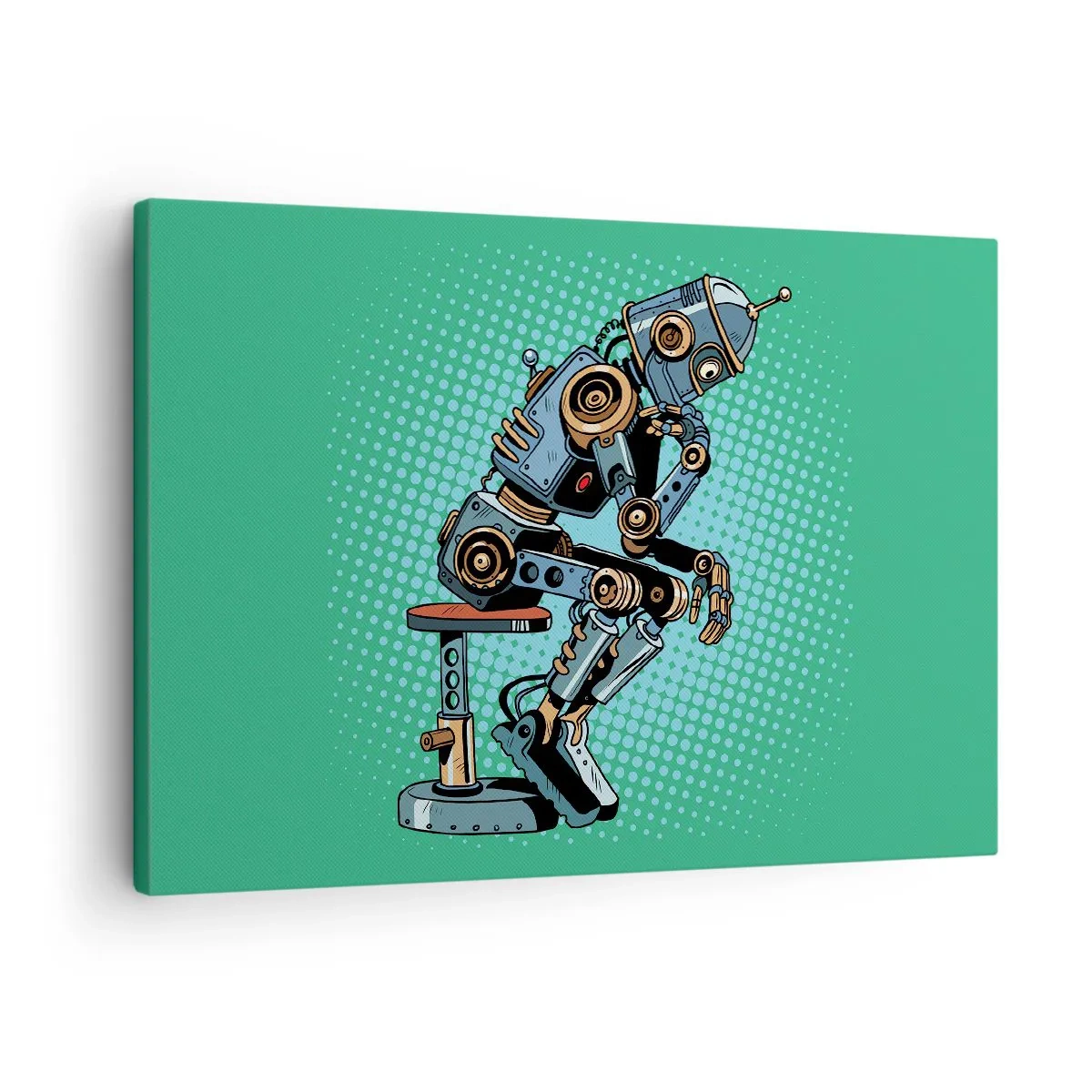 Tablou pe pânză Canvas - Robot gânditor în stil pop art pe fundal verde - 70x50cm - Peste esența ființei - Decorațiune modernă pentru perete pentru living și dormitor ARTTOR