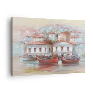 Tablou pe pânză Canvas - Bărci colorate și clădiri pitorești pe malul apei în nuanțe pastelate - 70x50cm - Orășel fericit - Decorațiune modernă pentru perete pentru living și dormitor ARTTOR