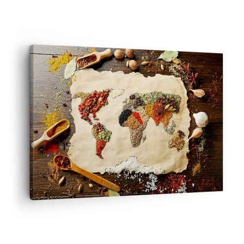 Tablou pe pânză Canvas - O hartă a lumii realizată din condimente pe un fundal de lemn. - 70x50cm - Toate gusturile lumii - Decorațiune modernă pentru perete pentru living și dormitor ARTTOR