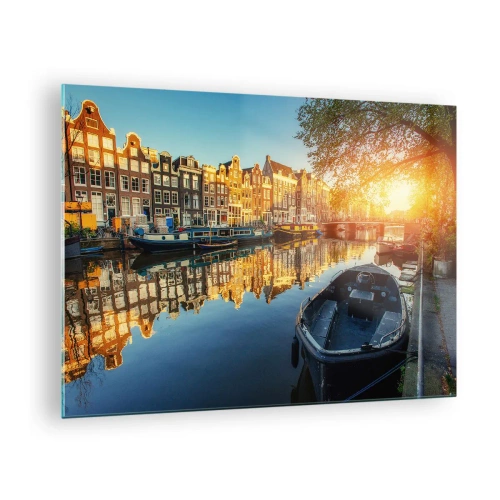Tablou pe sticlă - Canalul din Amsterdam la apus - 70x50cm - Dimineața în Amsterdam - Decorațiune modernă pentru perete pentru living și dormitor ARTTOR