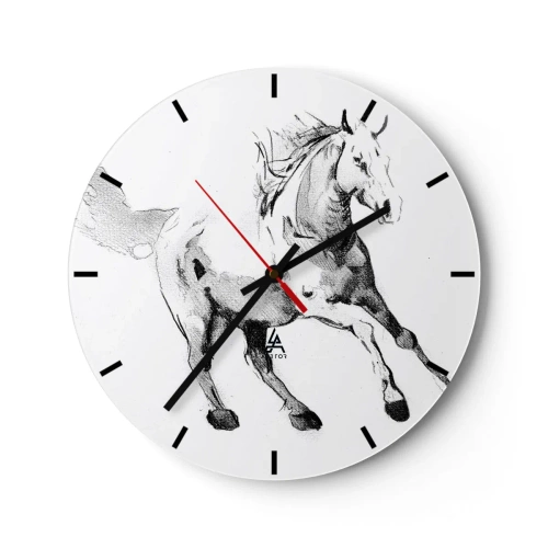 Ceas de perete - Ceas pe sticlă - Schiță a unui cal în galop pe fundal alb - 30x30cm - Suflet neîmblânzit - Decorațiune modernă pentru perete pentru living, bucătărie și dormitor ARTTOR