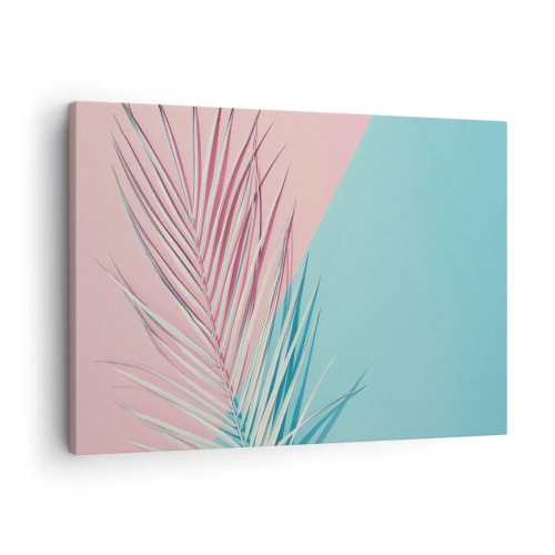 Tablou pe pânză Canvas - Frunză tropicală pe un fundal de nuanțe pastelate de roz și albastru - 70x50cm - Impresie tropicală - Decorațiune modernă pentru perete pentru living și dormitor ARTTOR