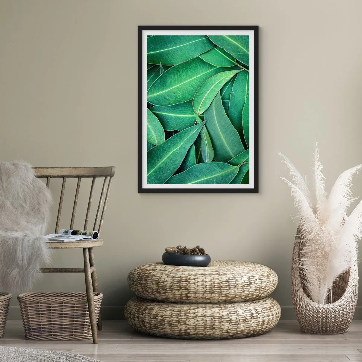 Poster în ramă neagră - Frunze verzi aranjate într-o compoziție densă - 50x70cm - Suculente și proaspete - Decorațiune modernă pentru perete pentru living și dormitor ARTTOR