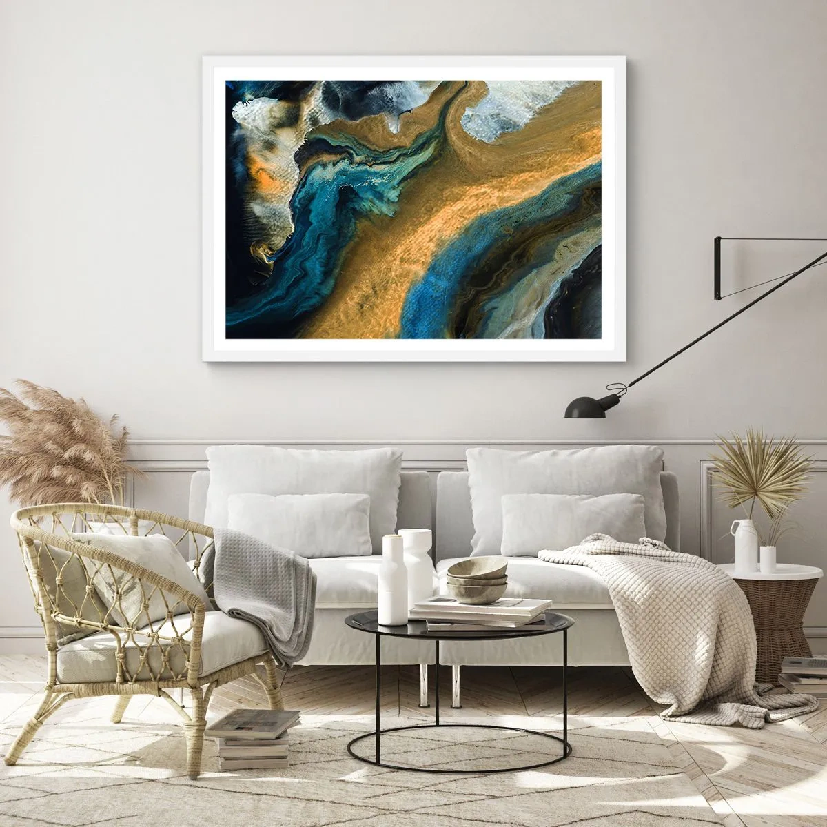 Poster în ramă albă - Albastru - galben - influență reciprocă - 50x40 cm