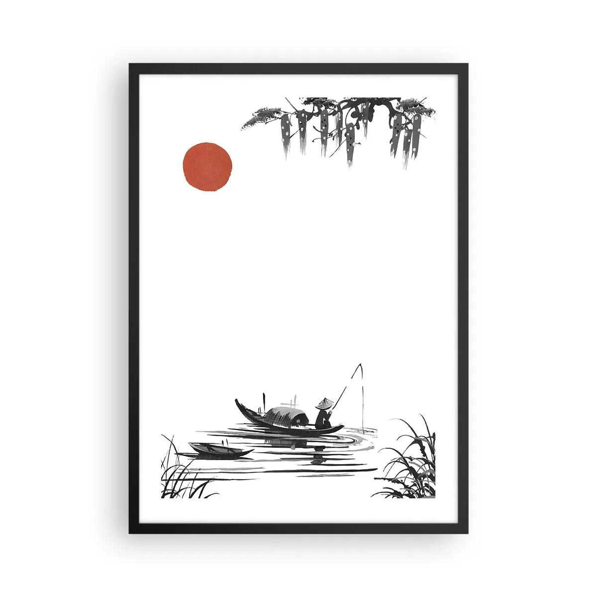 Poster în ramă neagră - O pictură minimalistă a unui pescar într-o barcă cu un soare roșu. - 50x70cm - O după-amiază asiatică - Decorațiune modernă pentru perete pentru living și dormitor ARTTOR
