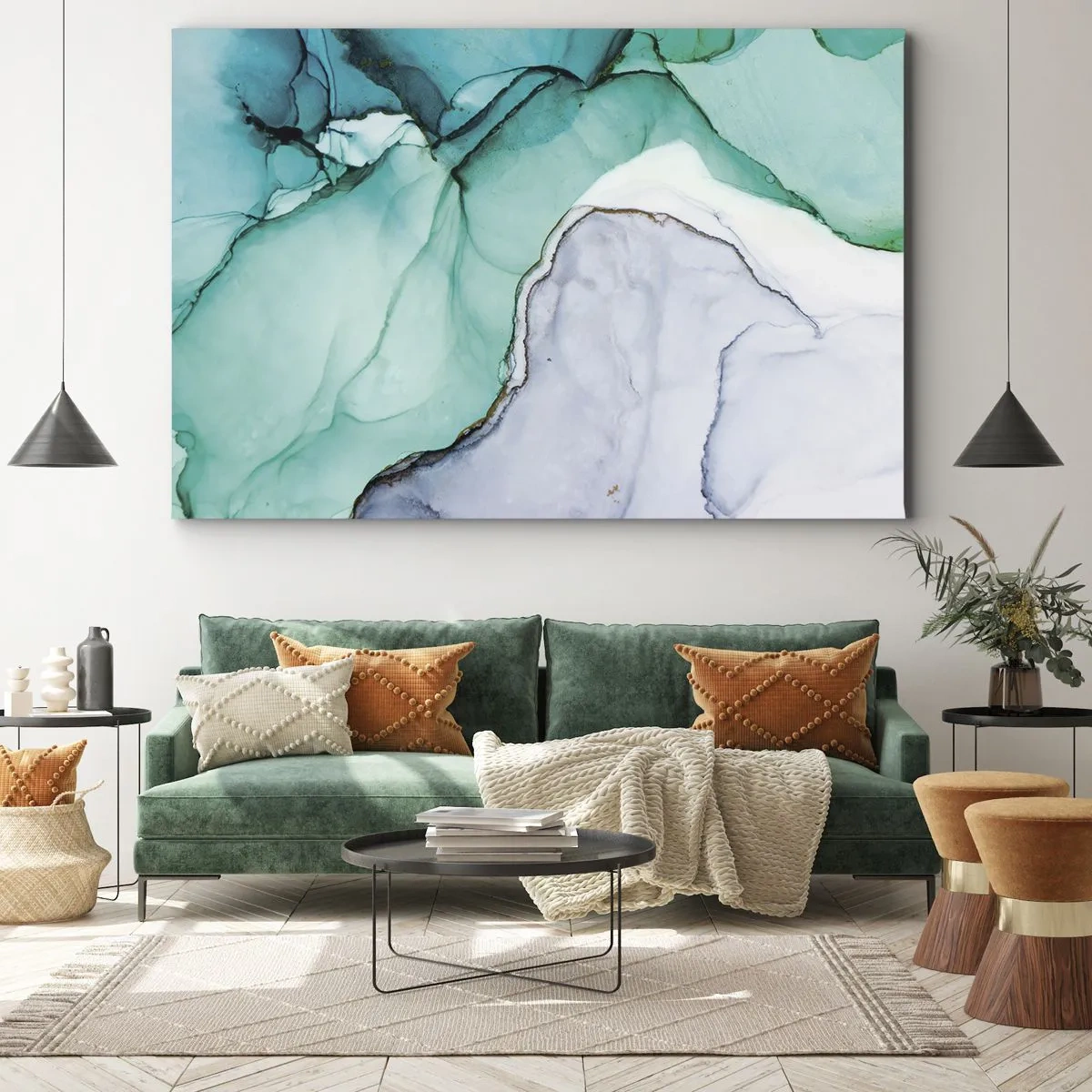 Tablou pe pânză Canvas - Model abstract în nuanțe de turcoaz și alb - 70x50cm - Studiu în turcoaz - Decorațiune modernă pentru perete pentru living și dormitor ARTTOR