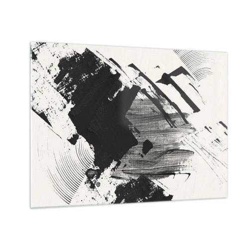 Tablou pe sticlă - Abstracție expresivă în alb și negru cu tușe dinamice. - 70x50cm - Abstracție - expresie de negru - Decorațiune modernă pentru perete pentru living și dormitor ARTTOR