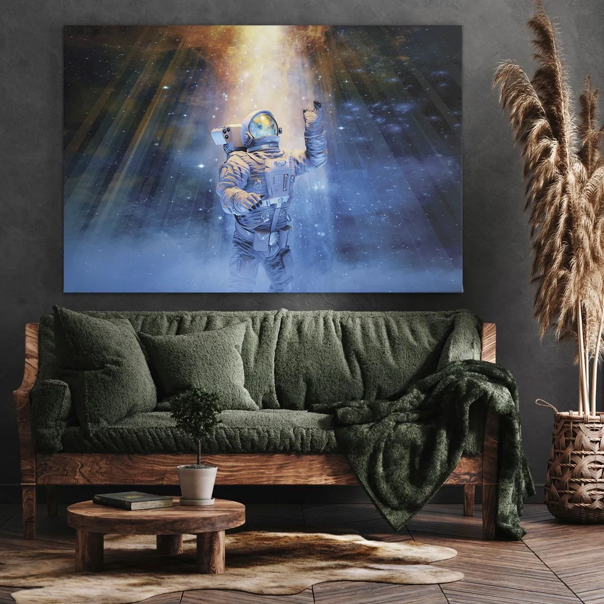 Tablou pe pânză Canvas - Astronautul în lumina unei explozii cosmice pline de stele - 70x50cm - În cele din urmă am ajuns - Decorațiune modernă pentru perete pentru living și dormitor ARTTOR