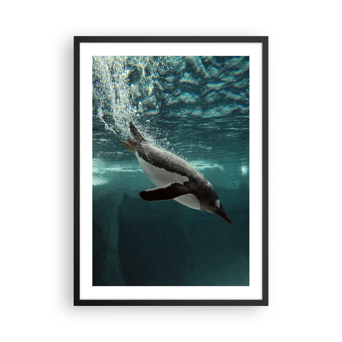 Poster în ramă neagră - Un pinguin înotând sub apă - 50x70cm - Bun venit în lumea mea - Decorațiune modernă pentru perete pentru living și dormitor ARTTOR