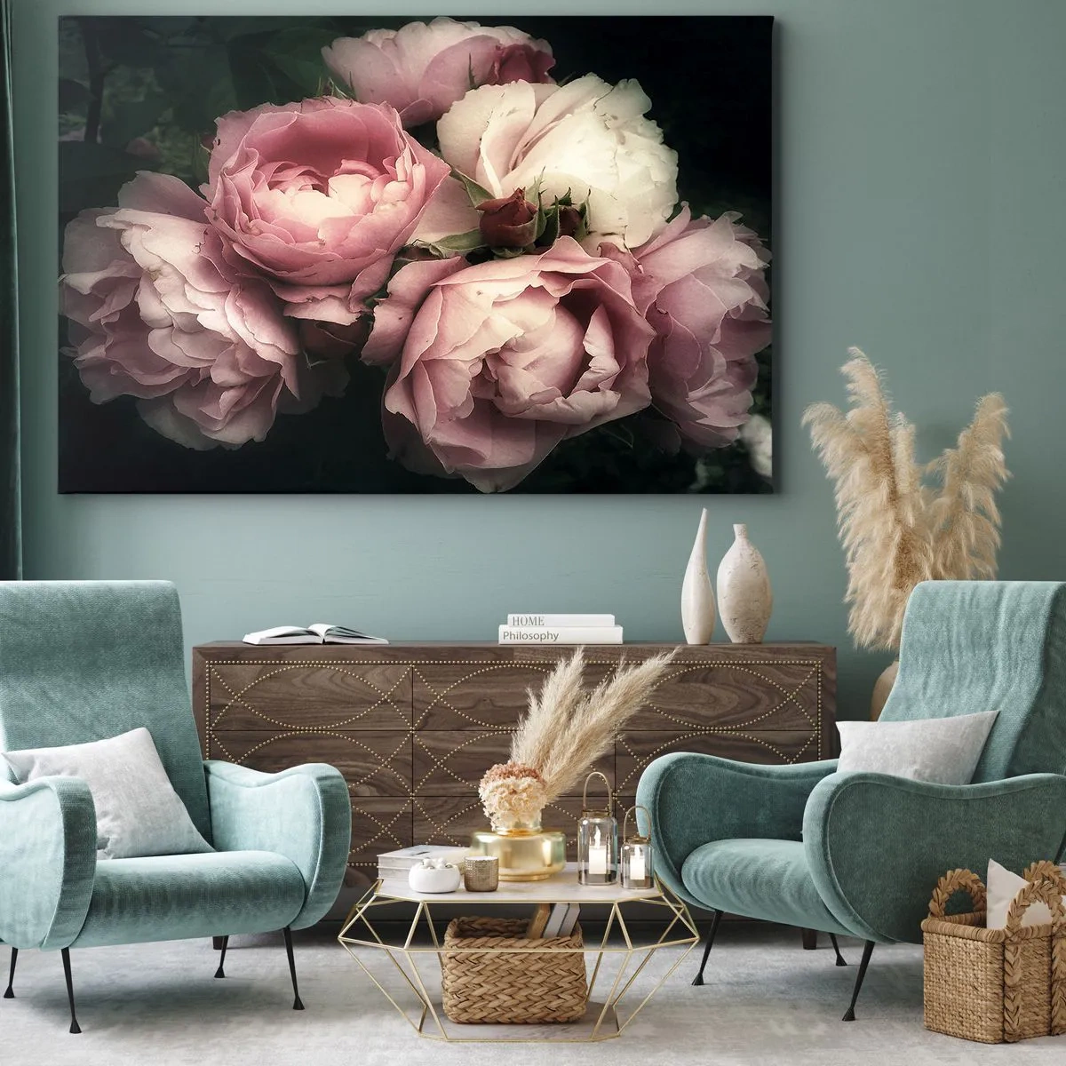 Tablou pe pânză Canvas - Un buchet de trandafiri în nuanțe delicate de roz și alb - 70x50cm - Farmecul belle epoque - Decorațiune modernă pentru perete pentru living și dormitor ARTTOR