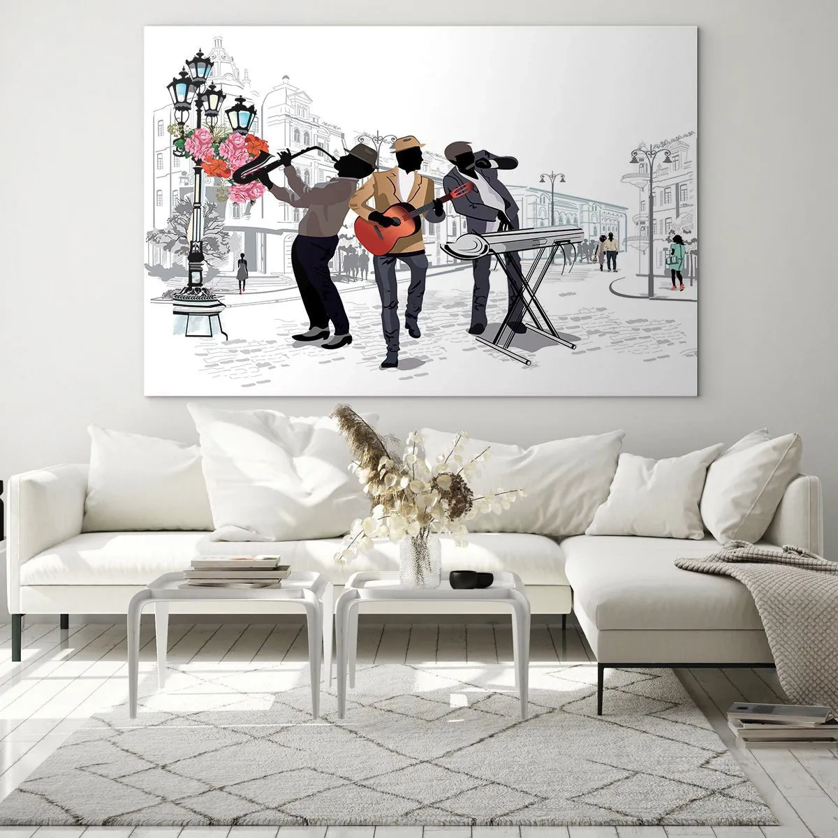 Tablou pe sticlă - O trupă de jazz cântând pe stradă - 70x50cm - Muzică străzii - Decorațiune modernă pentru perete pentru living și dormitor ARTTOR