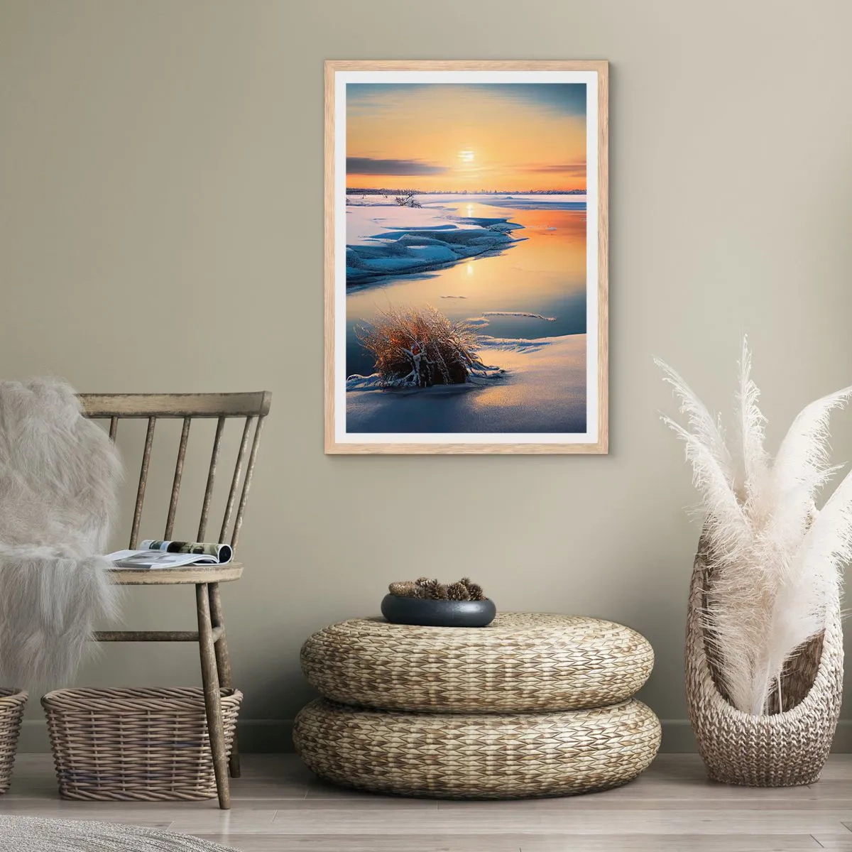 Poster în ramă de stejar deschis - Apus de soare pe timp de iarnă - 30x40 cm