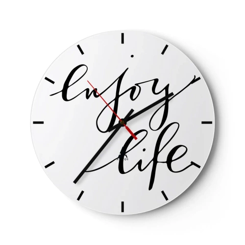 Ceas de perete - Ceas pe sticlă - Un ceas alb cu inscripția neagră „Enjoy Life” pe un fundal minimalist. - 30x30cm - Nimic de adăugat... - Decorațiune modernă pentru perete pentru living, bucătărie și dormitor ARTTOR