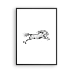 Poster în ramă neagră - Ilustrație a unui cal în galop în alb și negru - 50x70cm - Oprit din galop - Decorațiune modernă pentru perete pentru living și dormitor ARTTOR