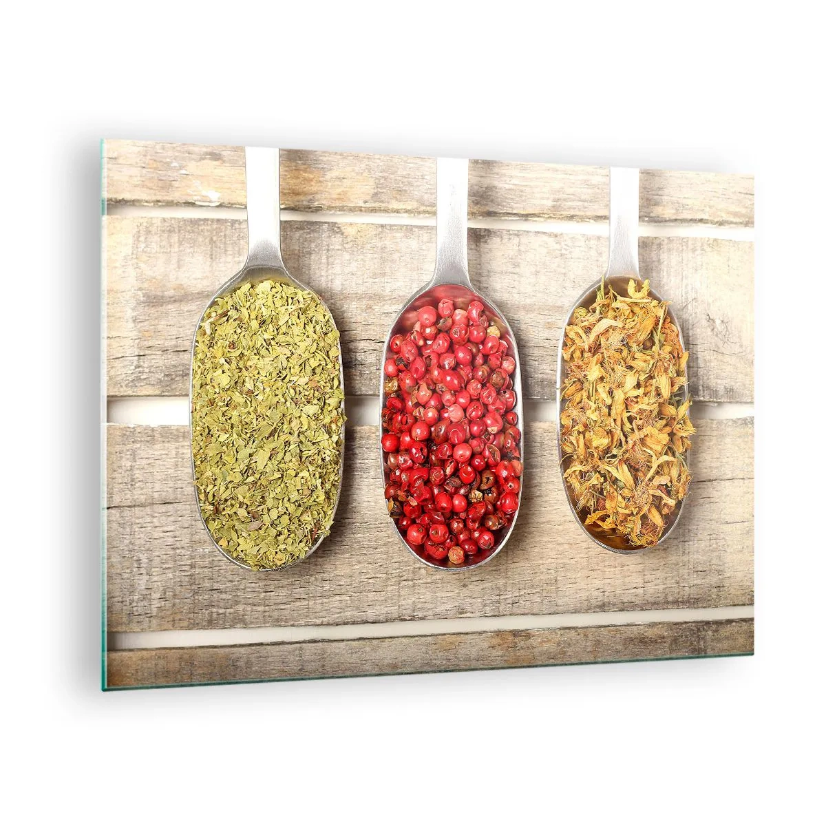 Tablou pe sticlă - Trei linguri cu condimente pe un fundal rustic de lemn - 70x50cm - Magia bucătăriei - Decorațiune modernă pentru perete pentru living și dormitor ARTTOR