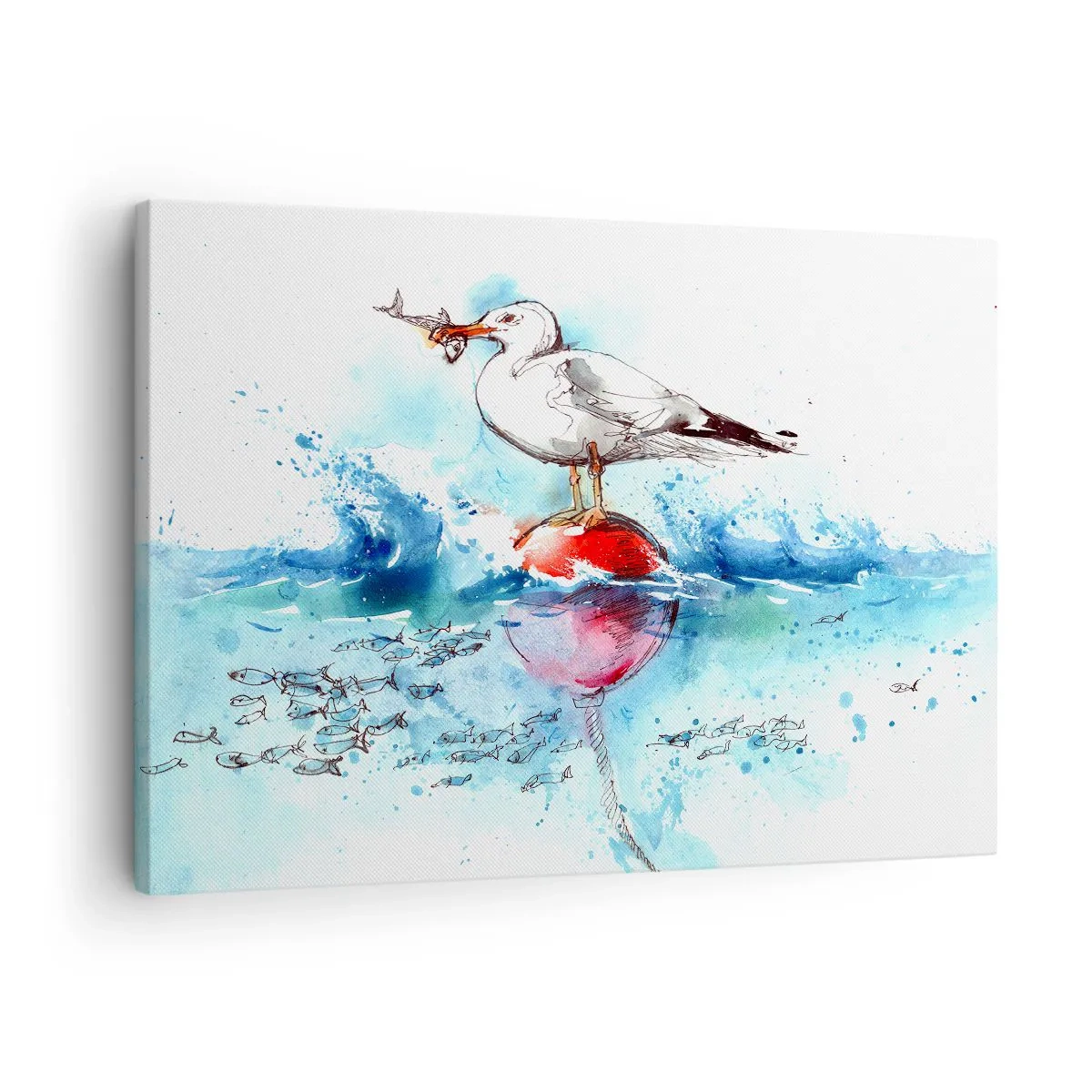 Tablou pe pânză Canvas - Pescăruș pe o geamandură cu pește în fundal, în stil acuarelă - 70x50cm - Pescuit de succes - Decorațiune modernă pentru perete pentru living și dormitor ARTTOR