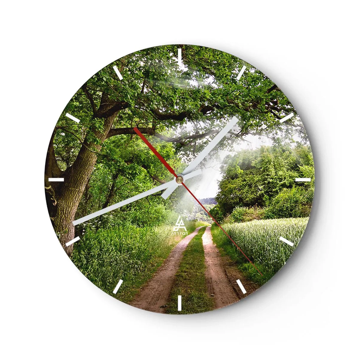 Ceas de perete - Ceas pe sticlă - Un drum forestier printre copaci verzi și câmpuri într-o zi însorită - 30x30cm - Et in Arcadia ego - Decorațiune modernă pentru perete pentru living, bucătărie și dormitor ARTTOR