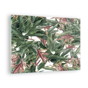 Tablou pe sticlă - Frunze în nuanțe de verde și vișiniu pe un fundal deschis - 70x50cm - Tufișuri de smarald și liliac - Decorațiune modernă pentru perete pentru living și dormitor ARTTOR