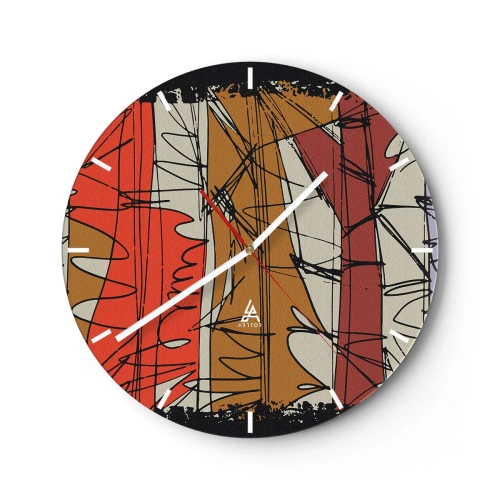Ceas de perete - Ceas pe sticlă - Linii și pete abstracte într-o paletă de culori calde - 30x30cm - Compoziție spontană - Decorațiune modernă pentru perete pentru living, bucătărie și dormitor ARTTOR