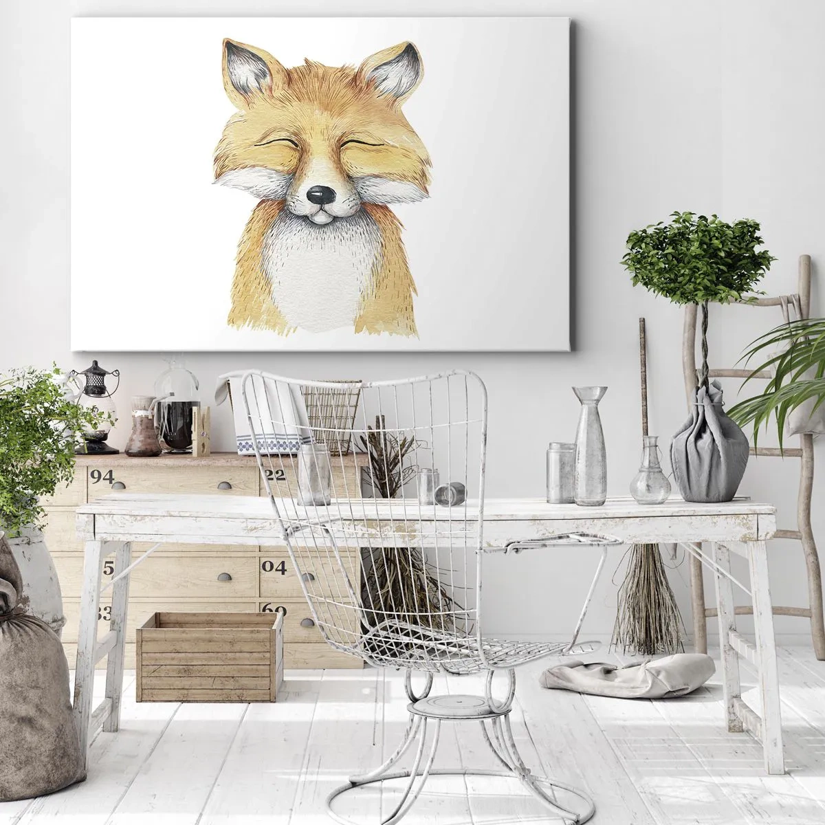 Tablou pe pânză Canvas - O vulpe în acuarelă cu un zâmbet într-un stil minimalist - 70x50cm - Mofturi de vulpe - Decorațiune modernă pentru perete pentru living și dormitor ARTTOR
